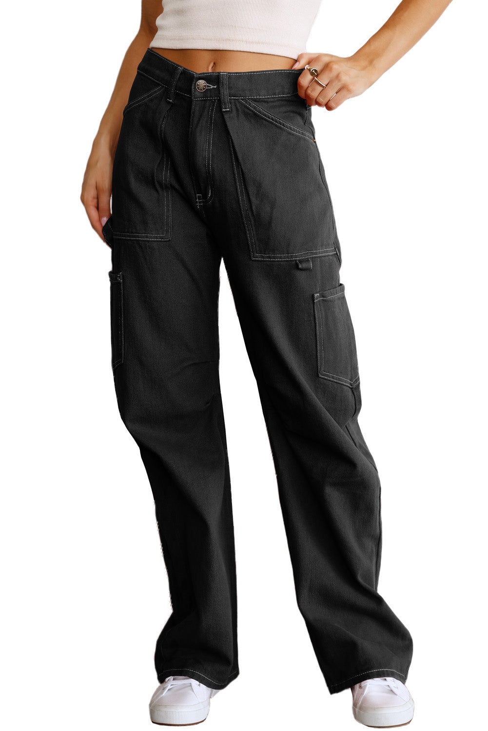 Pantalon cargo noir taille haute à jambe droite avec poches