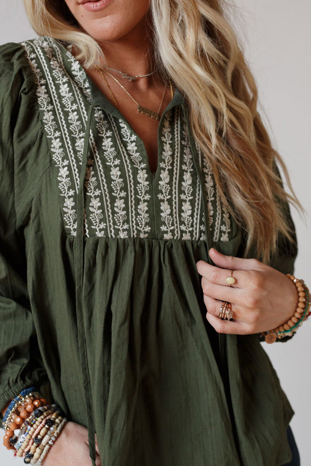 Embroidered Split Neck Pleated Loose Blouse