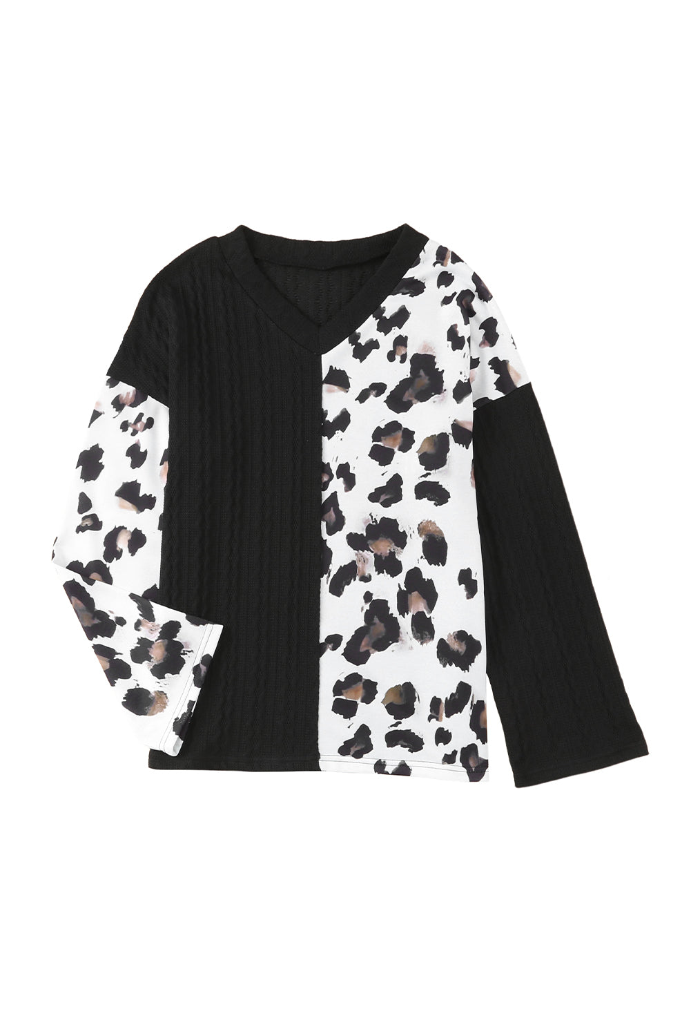 Asymmetric Leopard Patchwork Wide Sleeve V Neck Sweater