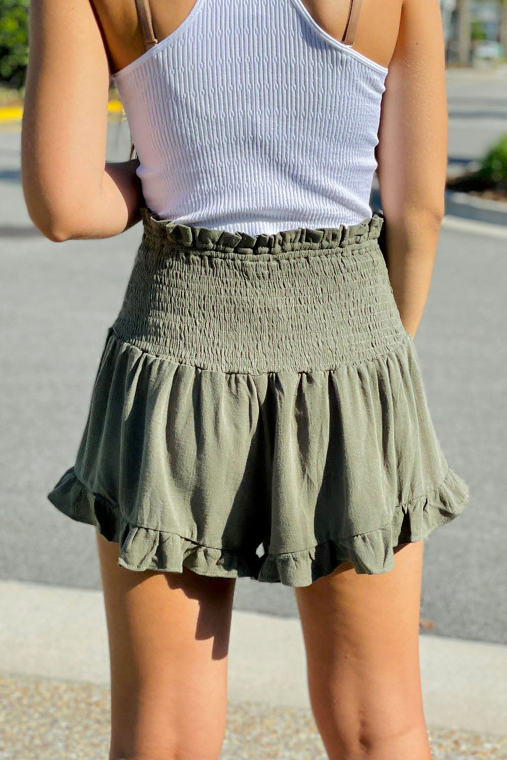 Smocked Wide Waistband Ruffled Casual Shorts