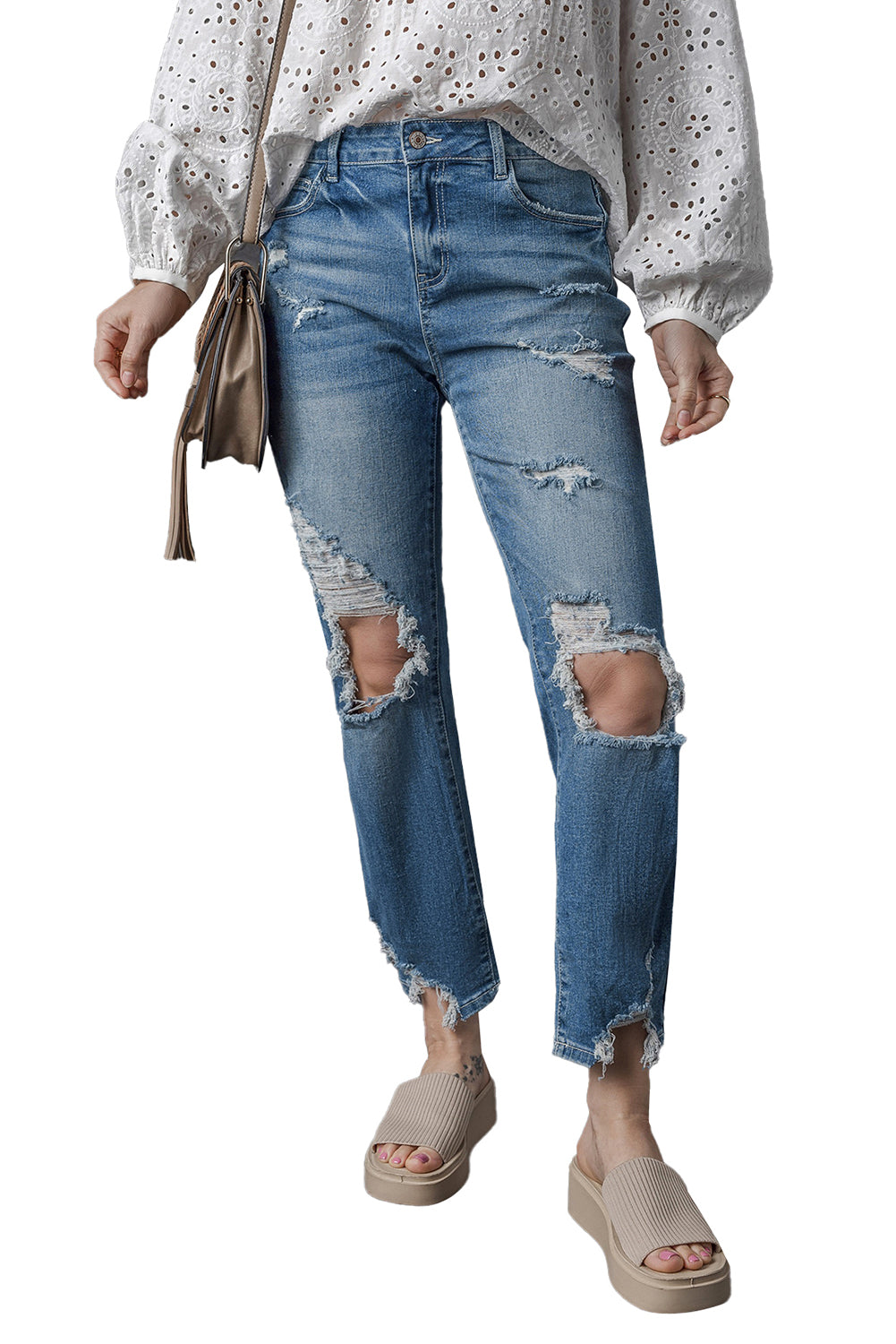 Sky Blue Ripped Knee Hole High Waist Jeans