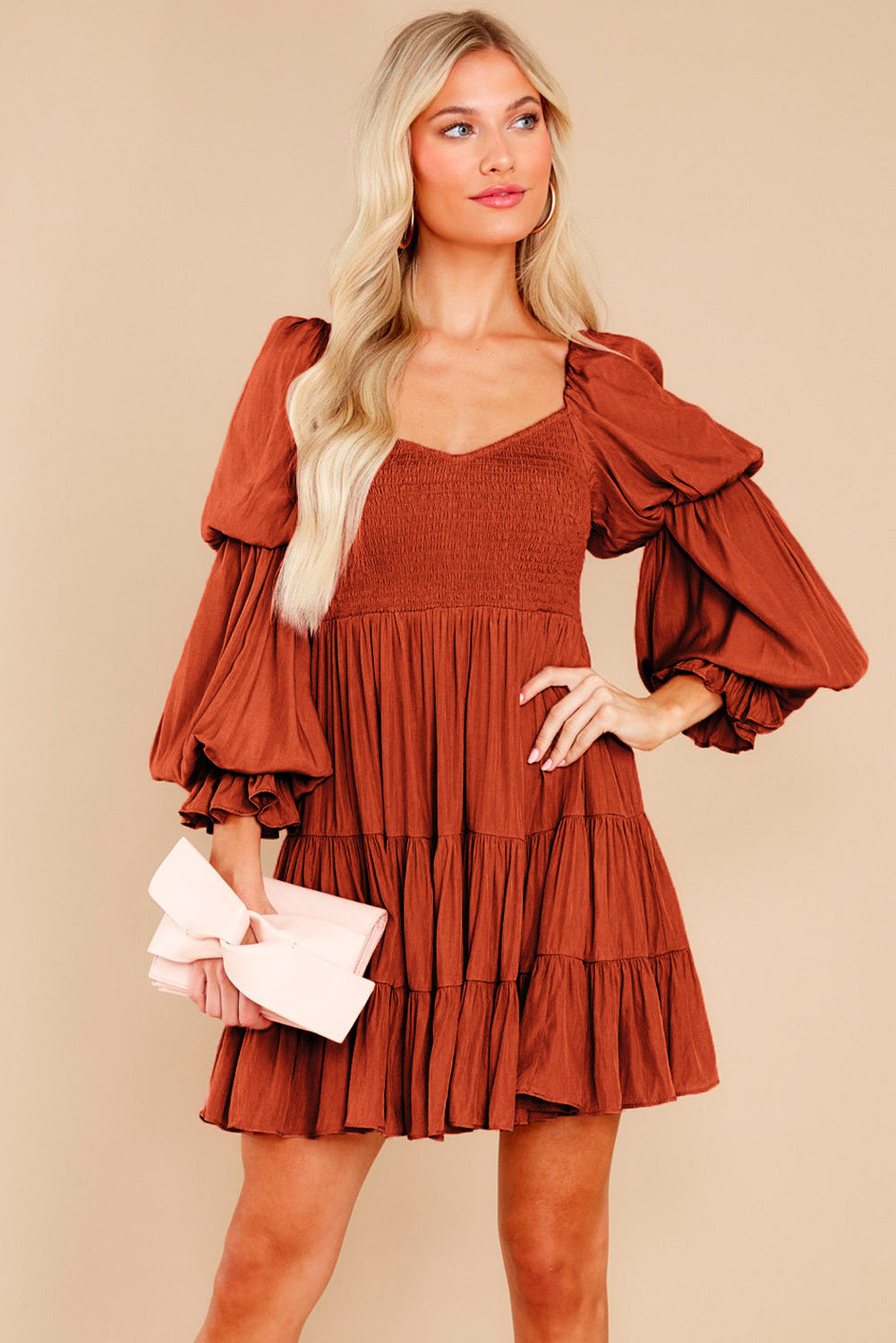 Boho Solid Shirred Ruffle Mini Dress