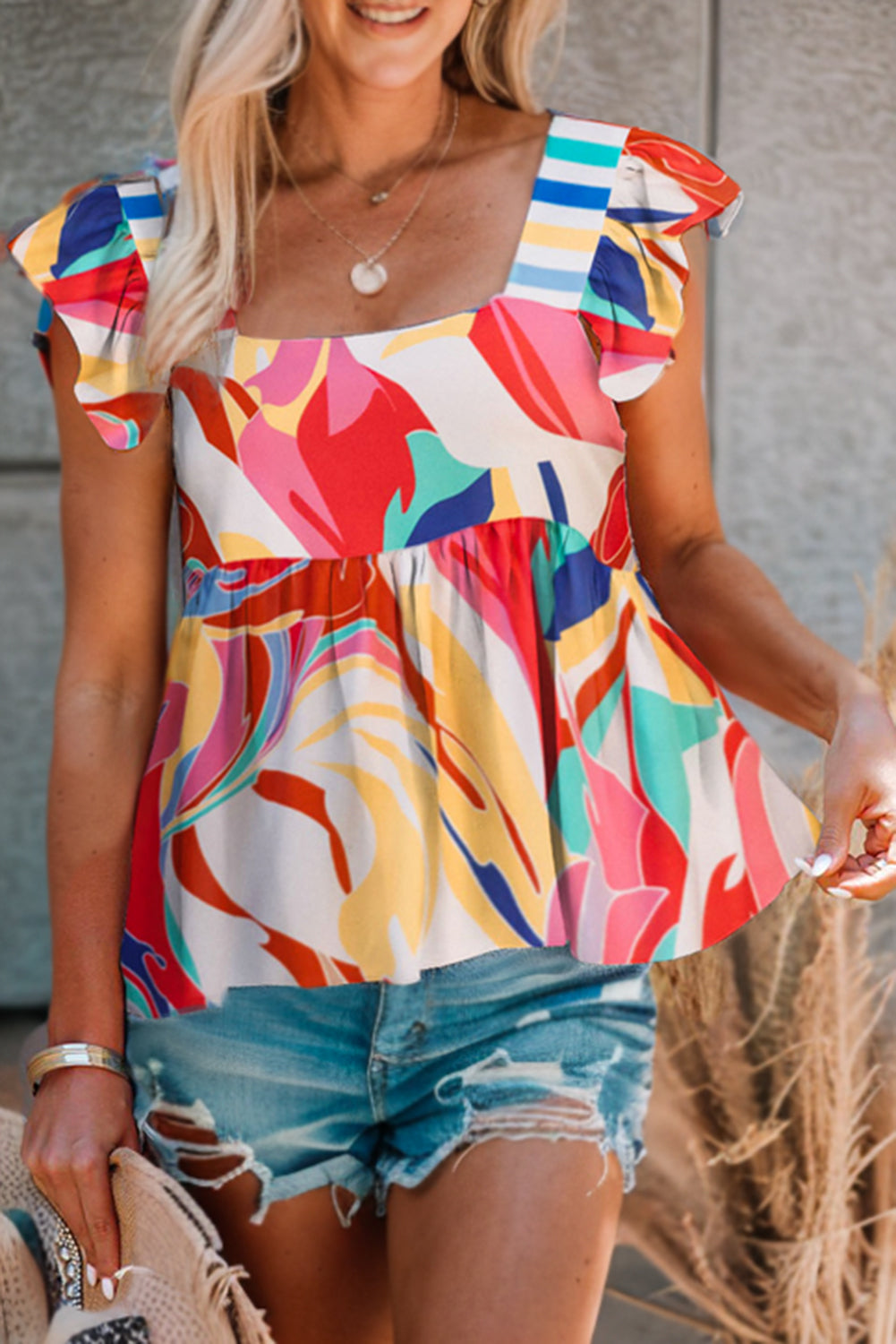 Square Neck Abstract Print Tank Top