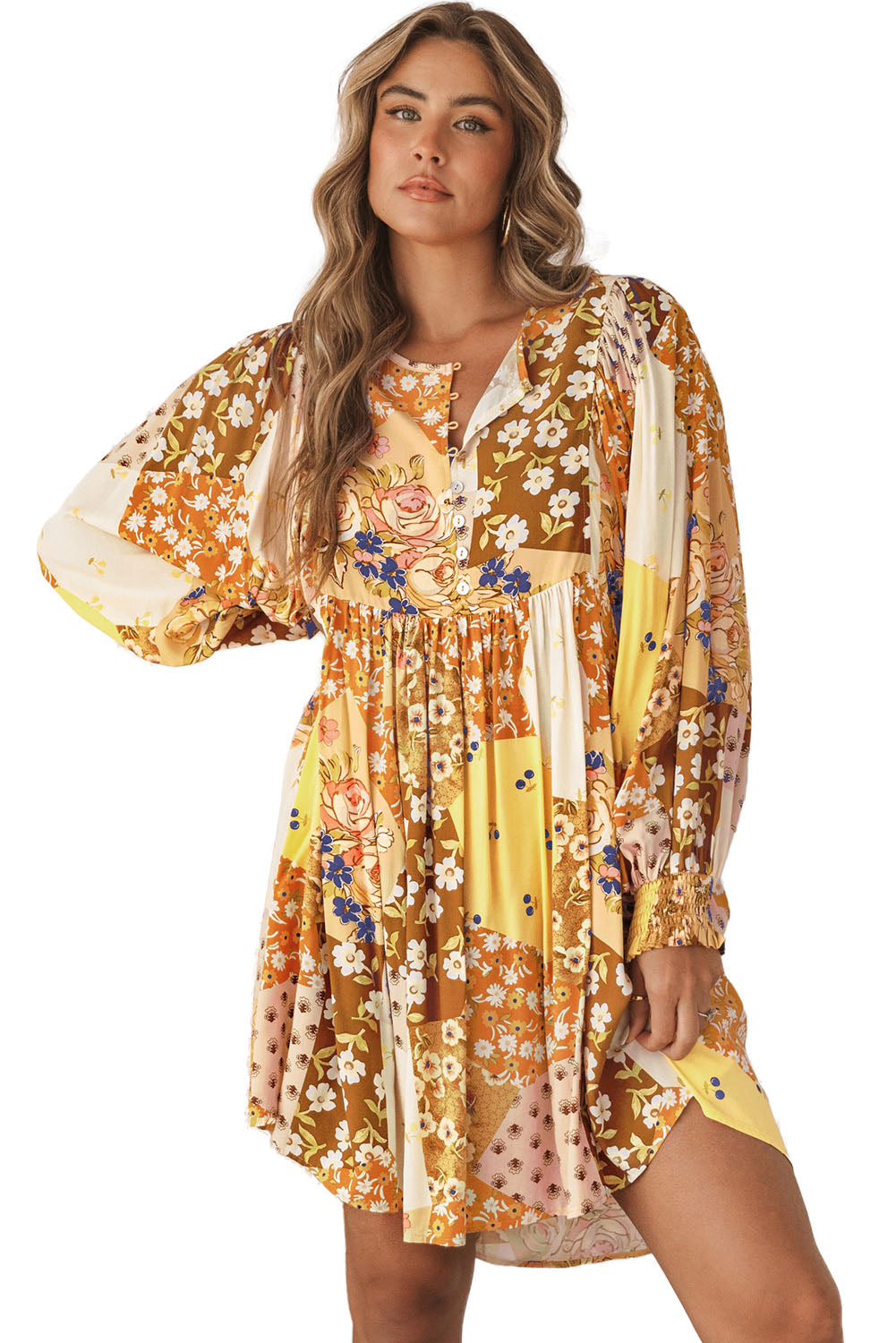 Floral Buttoned Pleated Long Sleeve Babydoll Dress