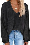 Waffle Knit V Neck Long Sleeve Loose Tunic Top