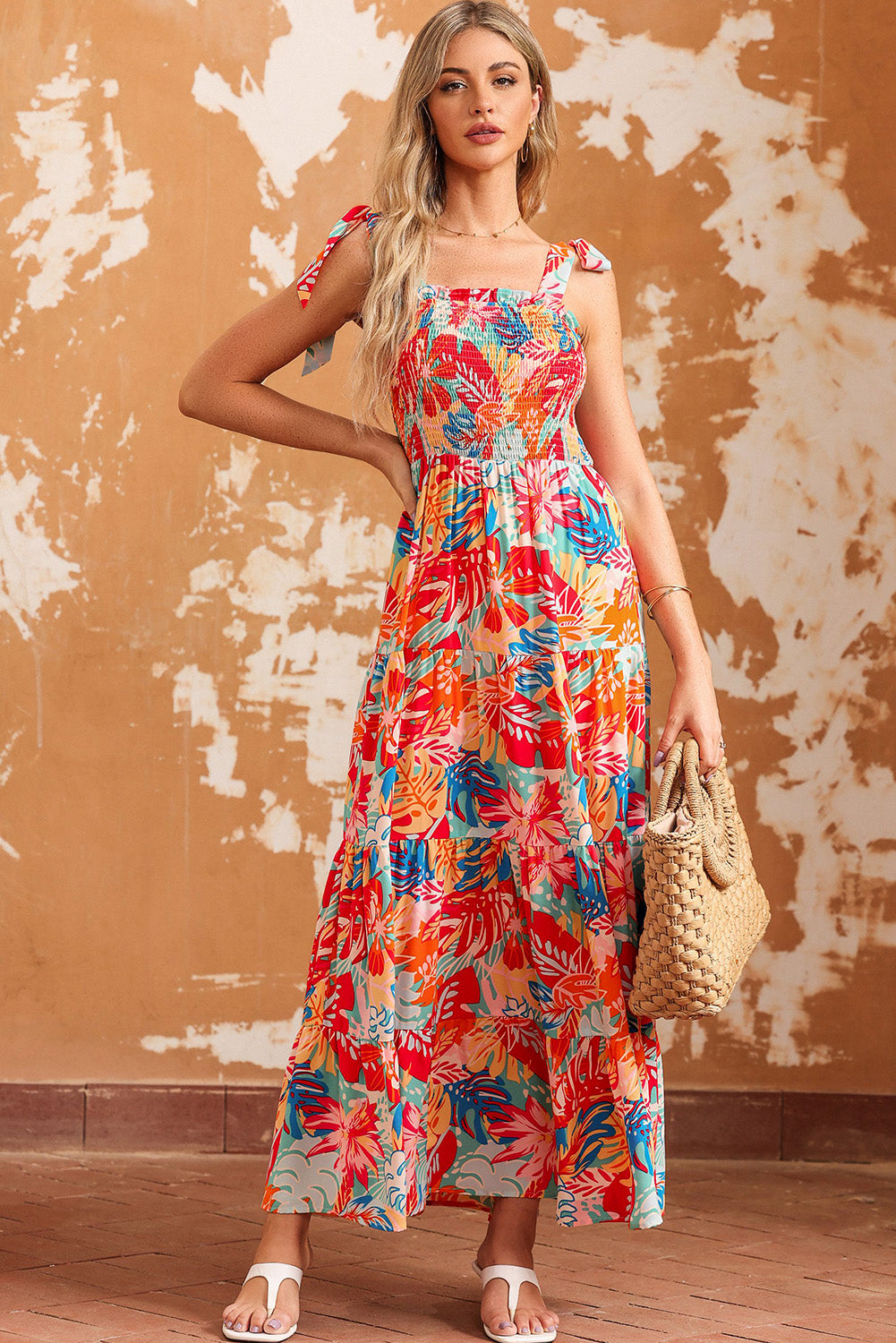 Vibrant Tropical Print Smocked Ruffle Tiered Maxi Dress