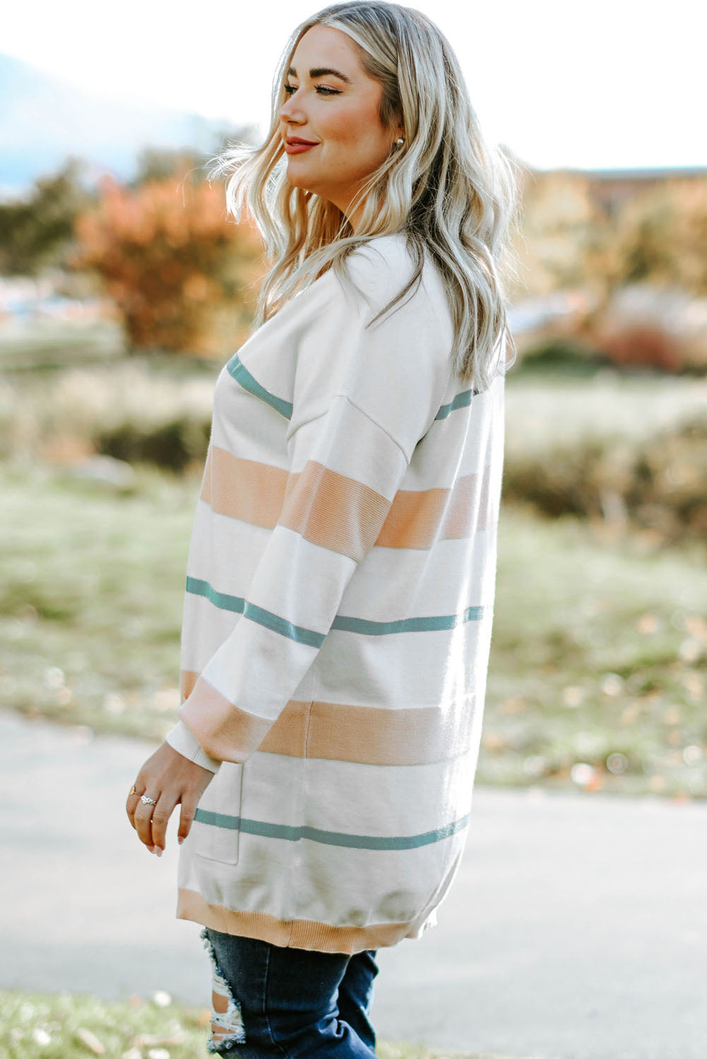 Striped Knit Side Pockets Plus Size Cardigan