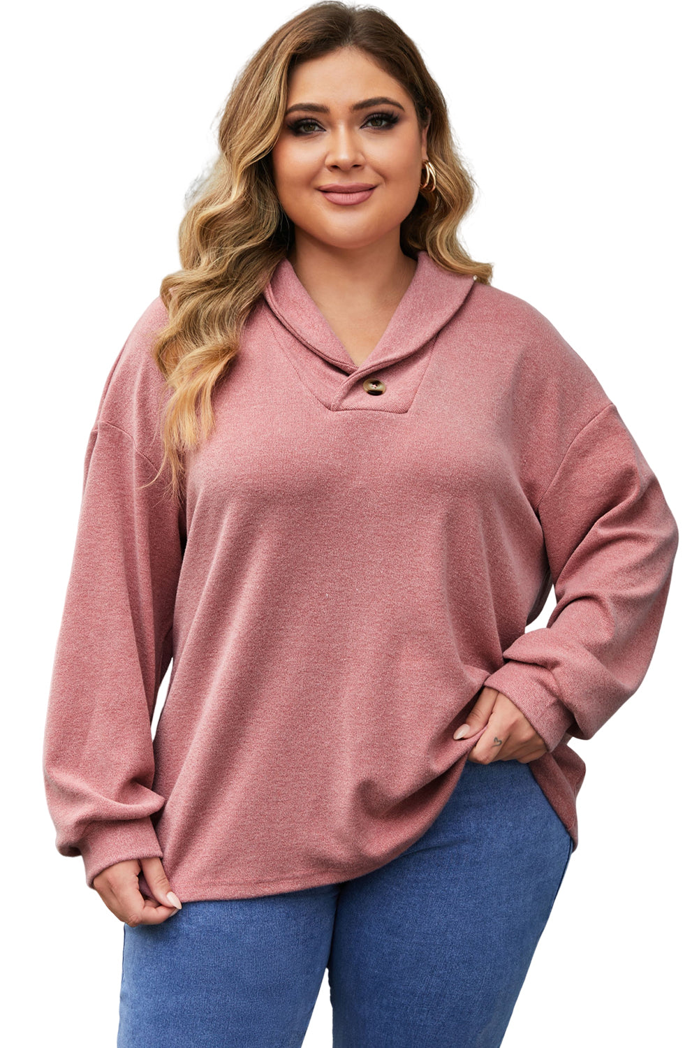 Plus Size Long Sleeve V-Neck Buttoned Top