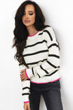 White Stripe Color Contrast Drop Shoulder Crew Neck Sweater