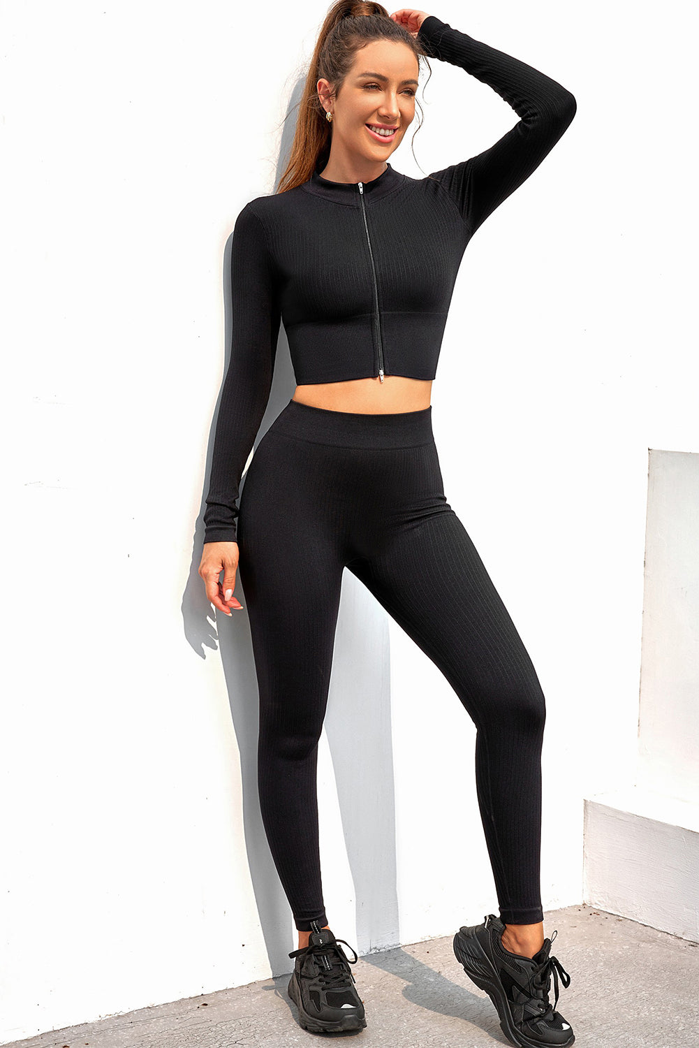 Full Zipper Ribbed Seamless Long Sleeve Yoga Top