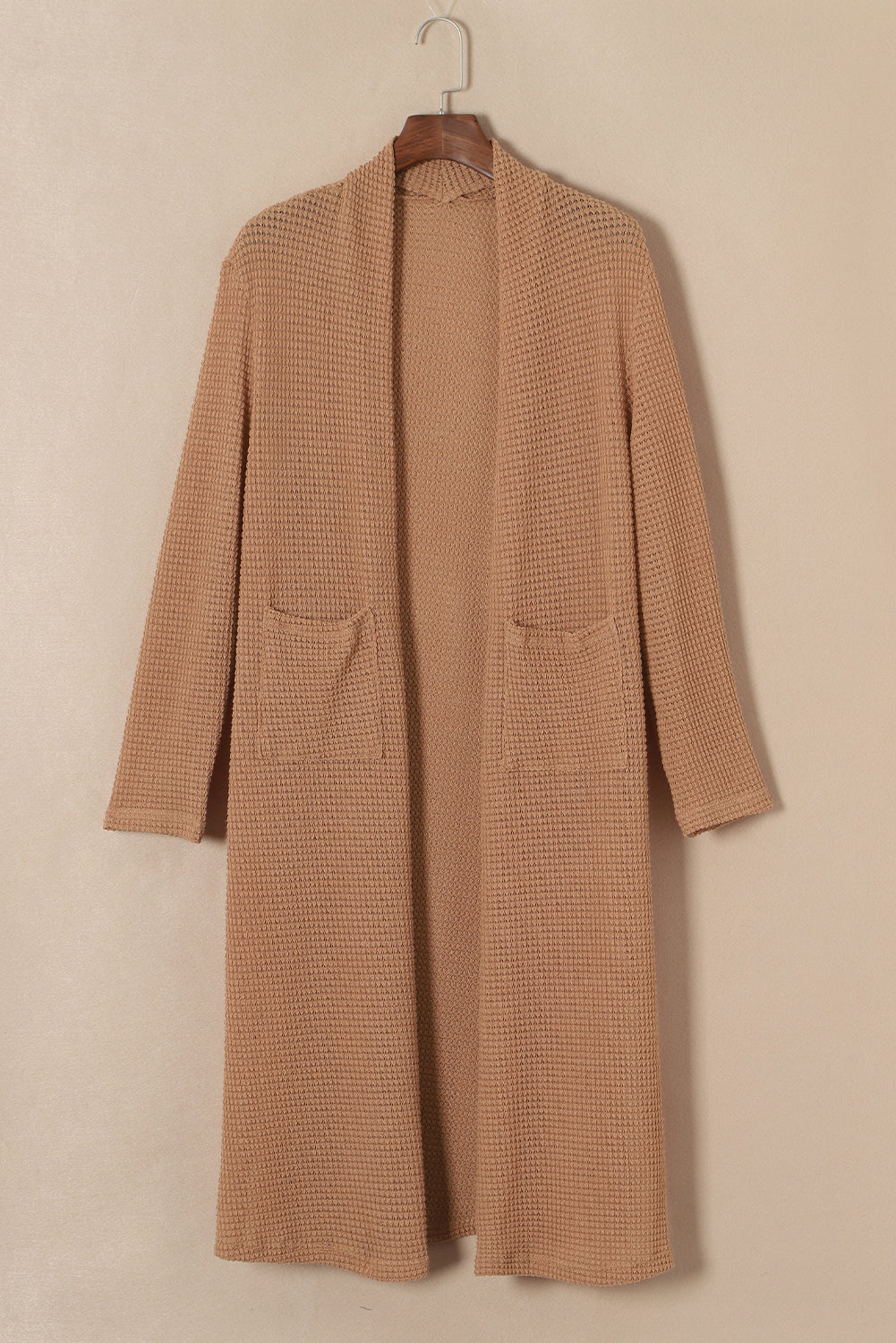 Long Waffle Knit Cardigan with Pockets