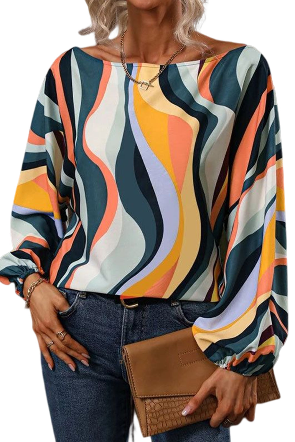 Blouse à manches bouffantes et col bateau à rayures ondulées multicolores