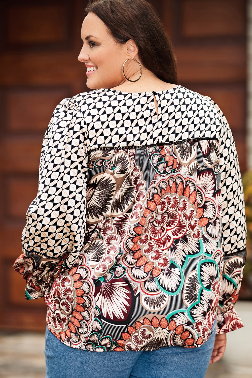 Mixed Floral Geometric Print Ruffled Long Sleeve Blouse