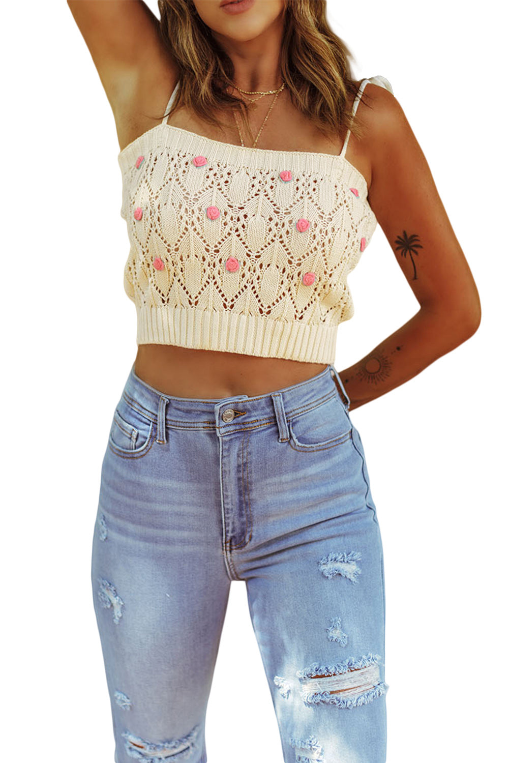 Spaghetti Straps Rose Applique Crochet Knit Crop Top