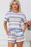 Striped Print Tee and Shorts Lounge Set