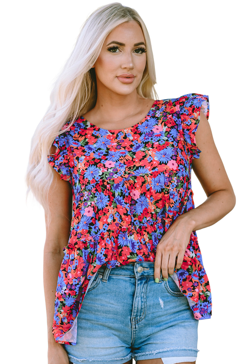 Floral Print Ruffle Tiered Short Sleeve Babydoll Top