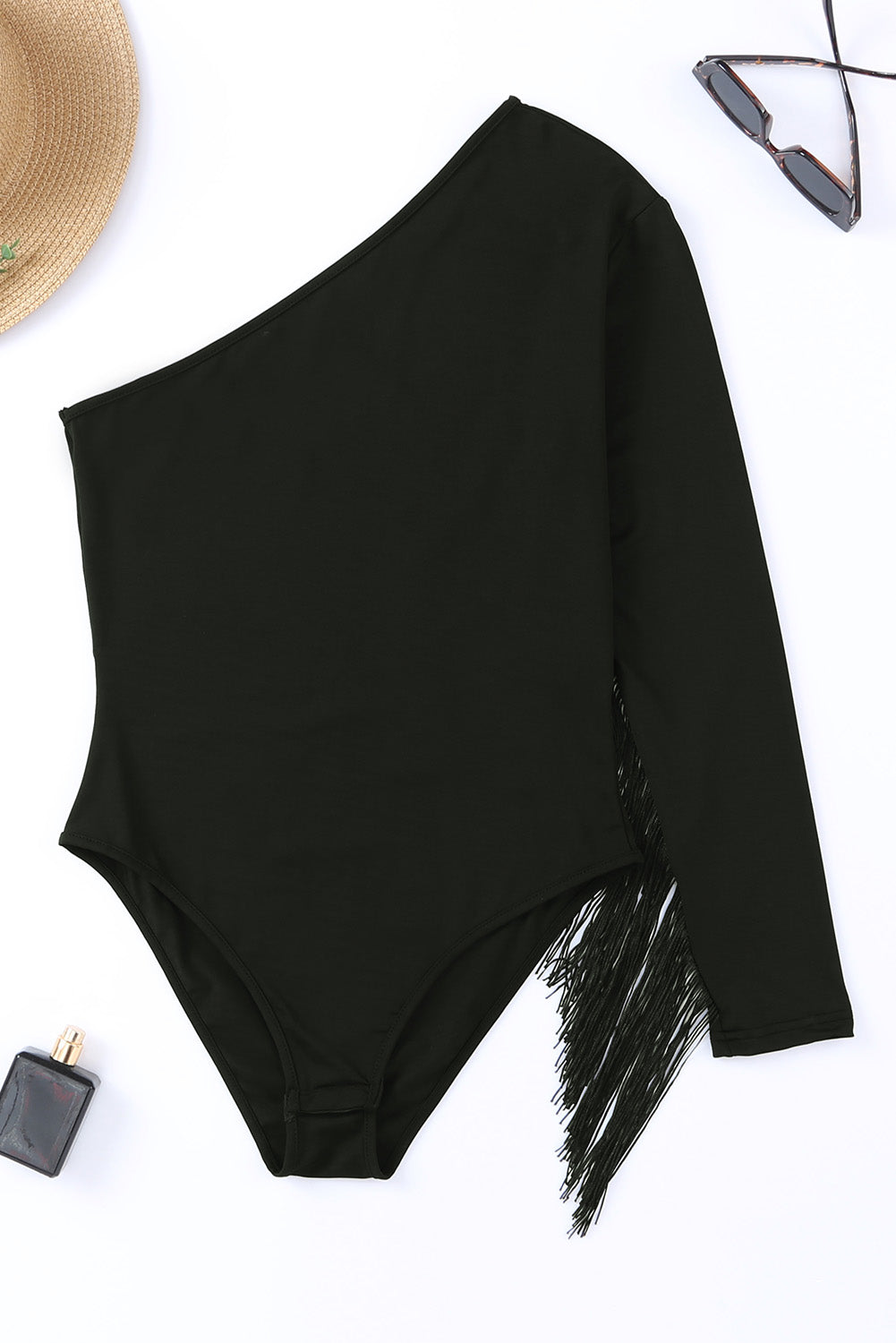 One Shoulder Fringed Long Sleeve Bodysuit