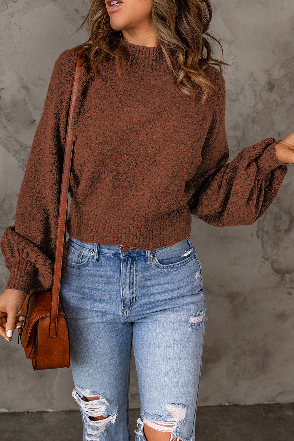 Solid Color Lantern Sleeve Knitted Sweater