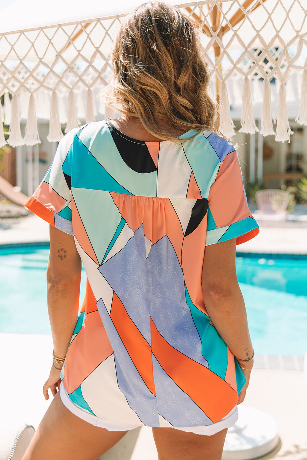 Irregular Color Block Printed Short Sleeve Blouse