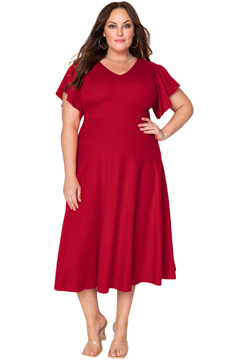 Robe mi-longue rouge à manches courtes flottantes de grande taille