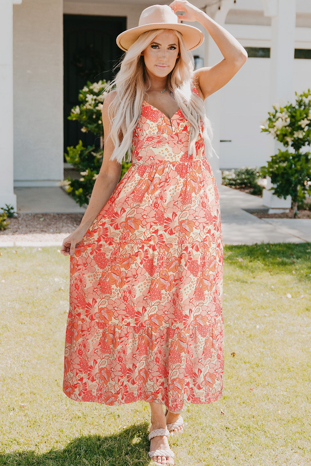 Floral Print V Neck Sleeveless Empire Waist Dress