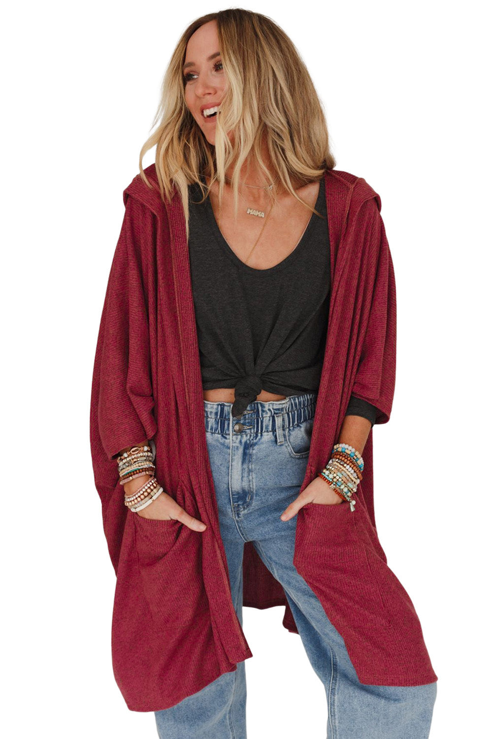 Bracelet Sleeve Pocketed Open Front Hooded Cardigan