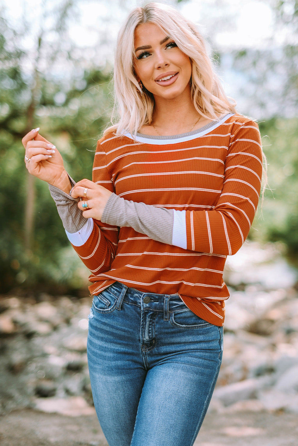 Extend Color Block Cuffs Rib Knit Striped Pullover