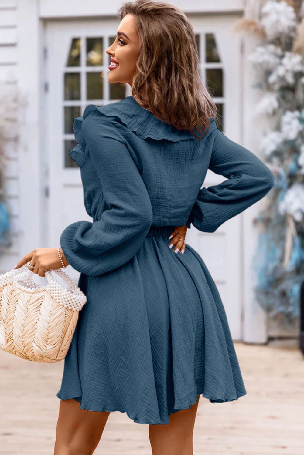 Black Textured Ruffled V Neck High Waist Mini Dress