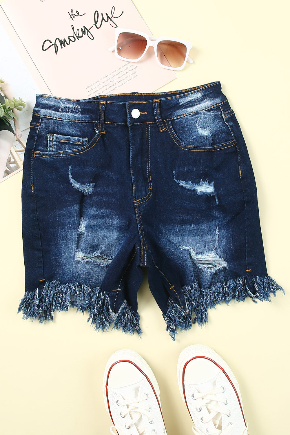 Short en jean coupe skinny bleu taille haute effet vieilli 