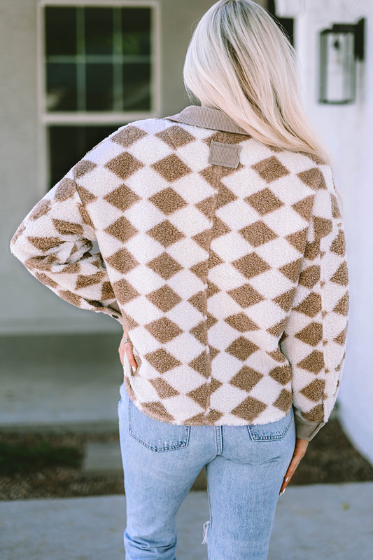 Geometric Pattern Corduroy Patch Pockets Sherpa Jacket