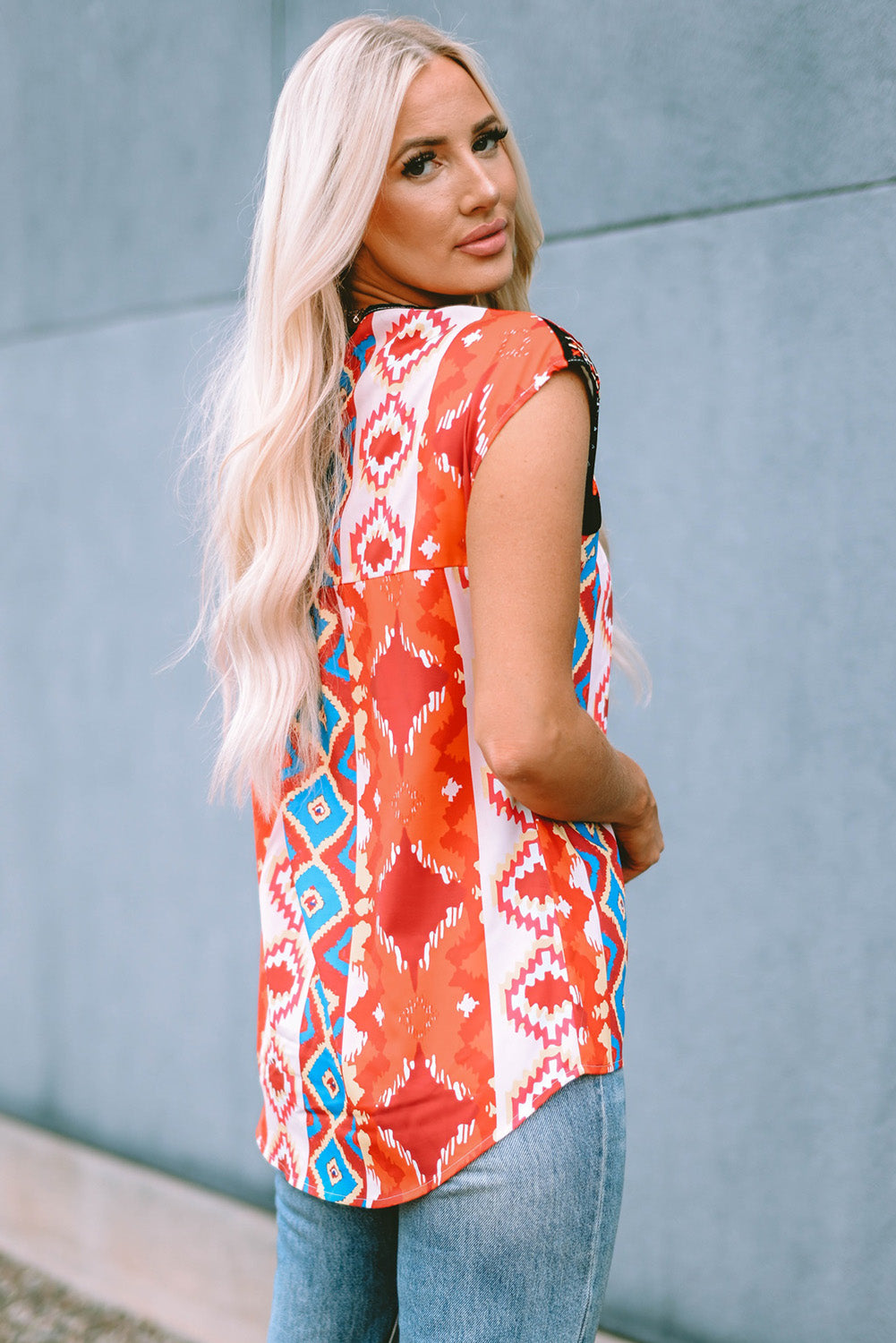 Floral Aztec Geometric Cap Sleeve Top