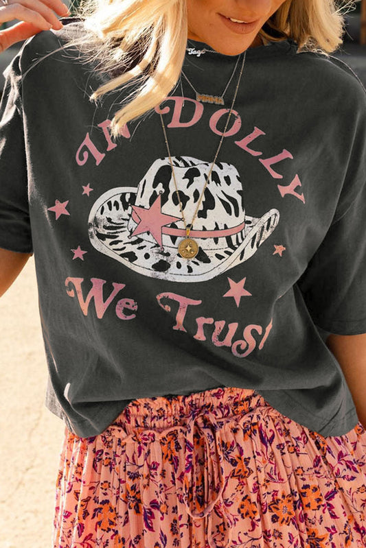 Gray WE TRUST IN DOLLY Western Fashion Graphic Tee