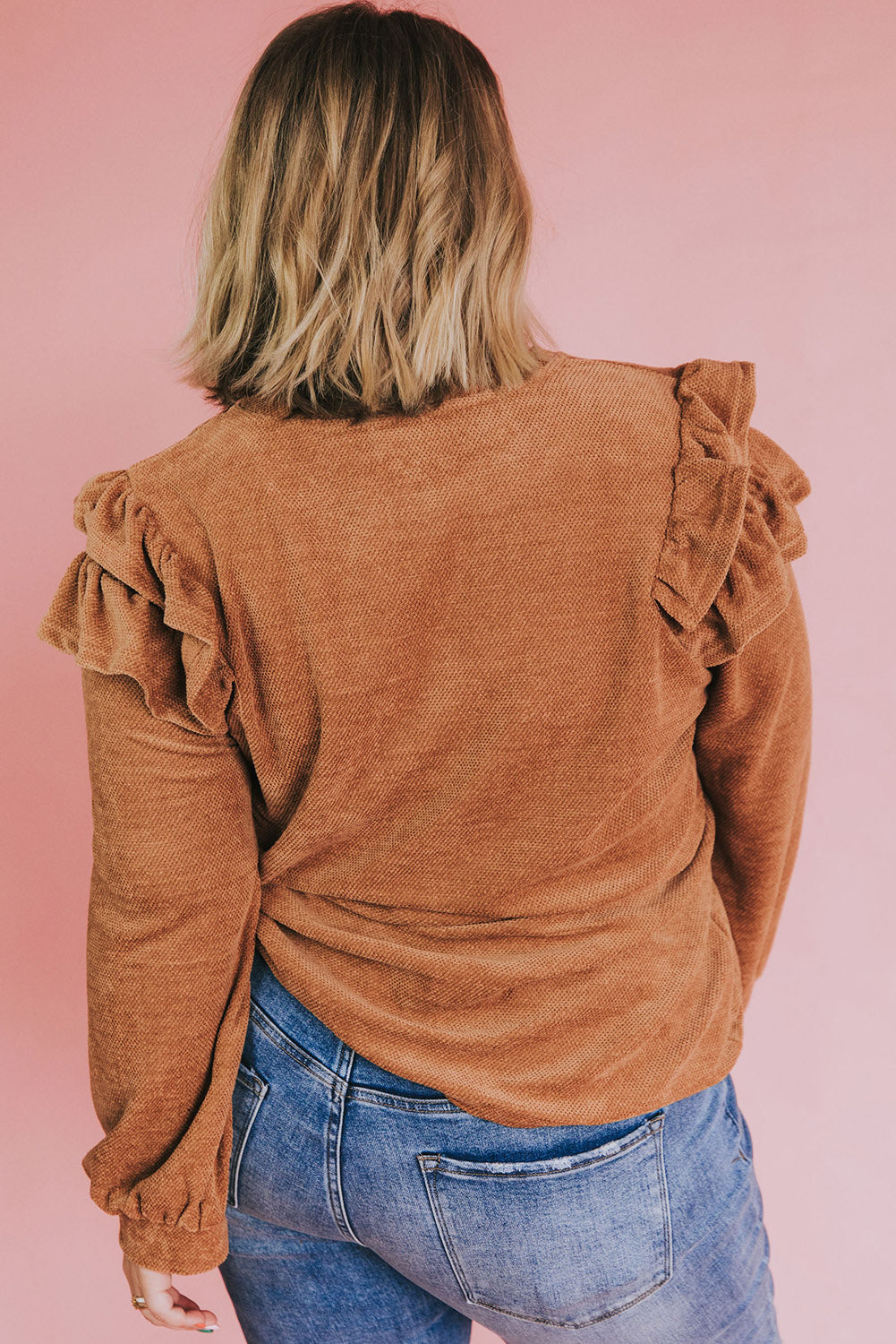 Plus Size Solid Ruffled Tiered Long Sleeve Top