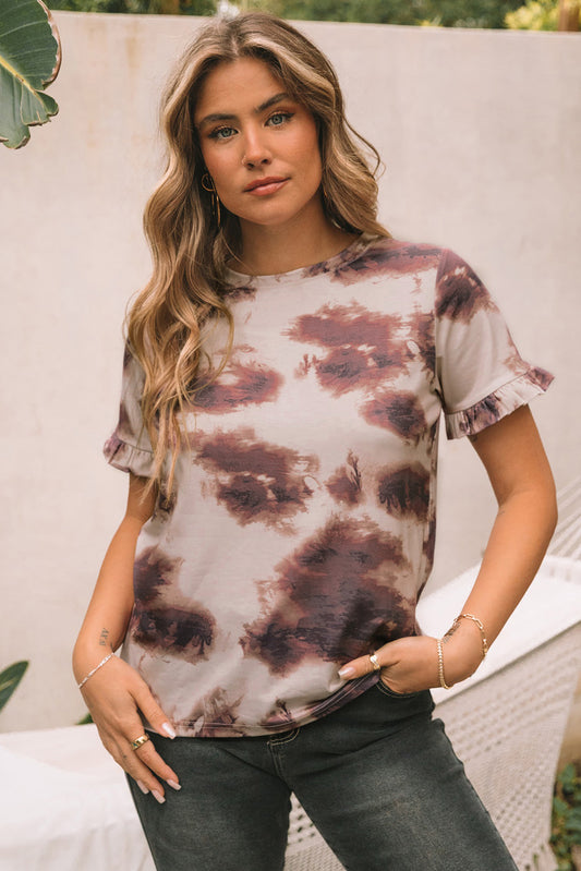 T-shirt marron vintage tie-dye à manches volantées