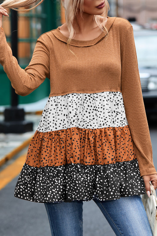 Ribbed Long Sleeve Dotted Tiered Ruffled Flowy Top