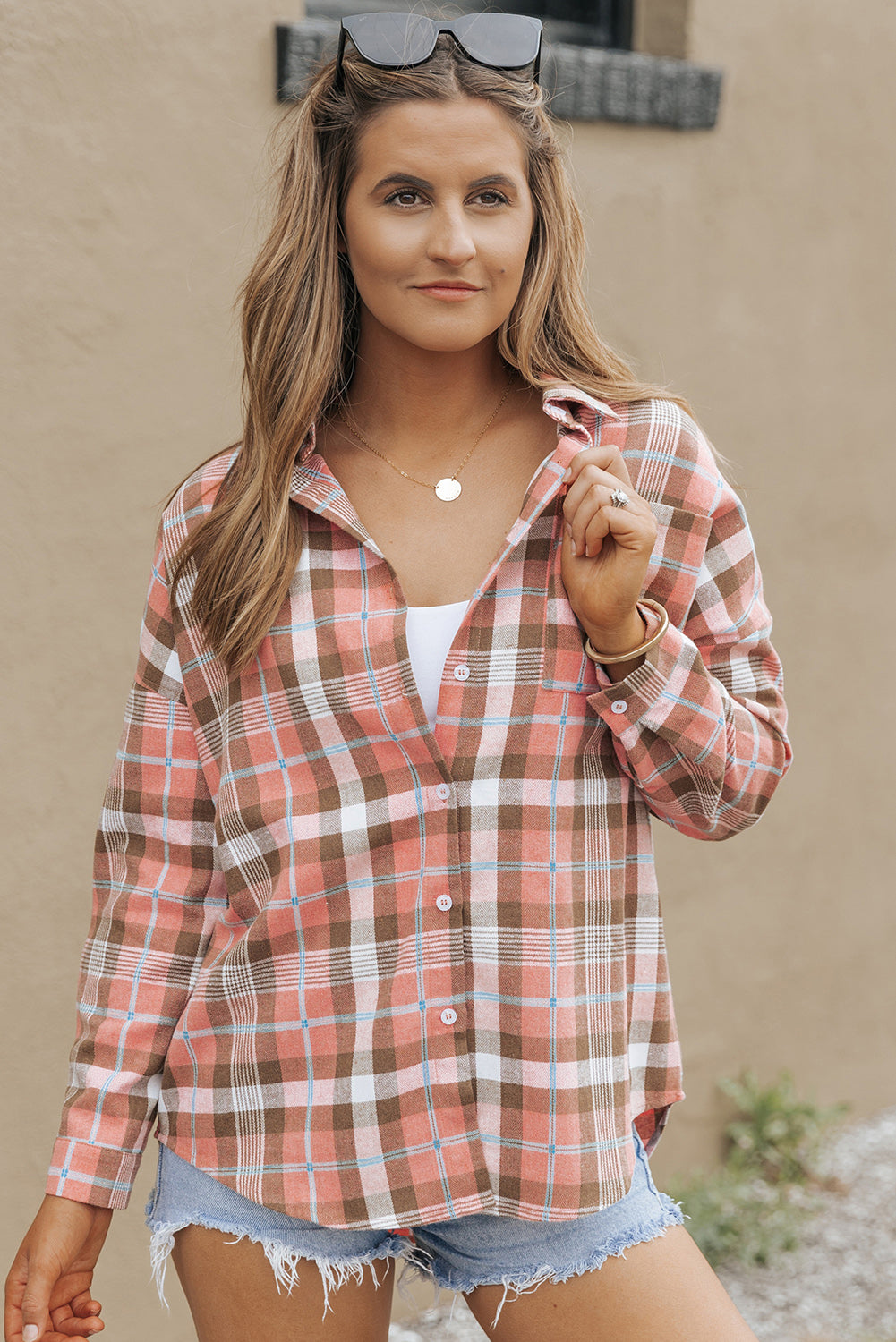 Drop Shoulder Rounded Hem Plaid Pattern Shirt