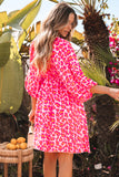 Pink Leopard Print Elasticated V Neck 3/4 Puff Sleeve Dress