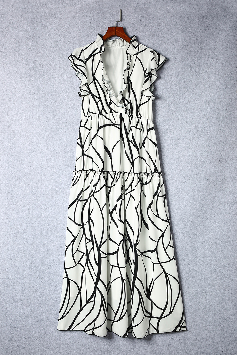 Abstract Vein Print V Neck Ruffle Maxi Dress