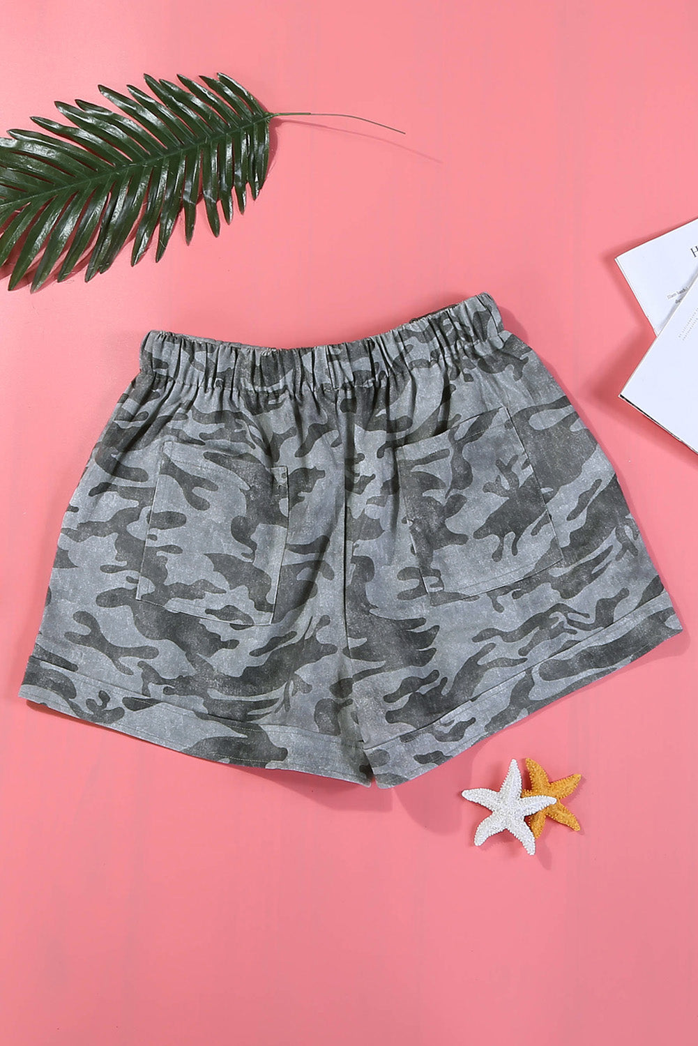 Camouflage Print Drawstring Casual Elastic Waist Pocketed Shorts