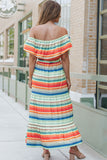 Print Lace-up Ruffled Off Shoulder Maxi Dress