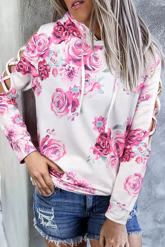 Floral Print Criss-Cross Cold Shoulder Hoodie