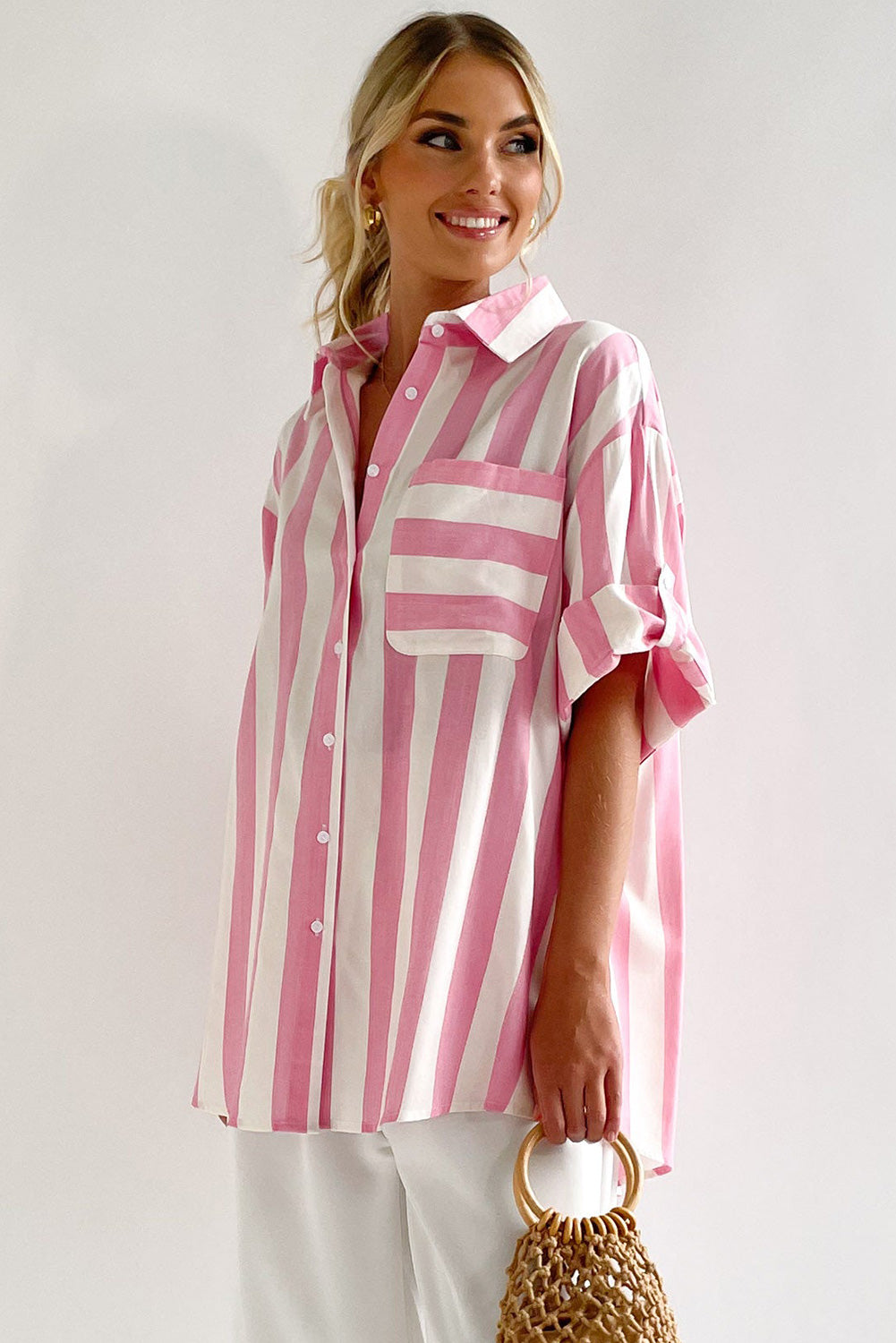 Striped Button Up Rolled Sleeves Shirt