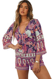 Vintage Printed 3/4 Sleeves V Neck Romper