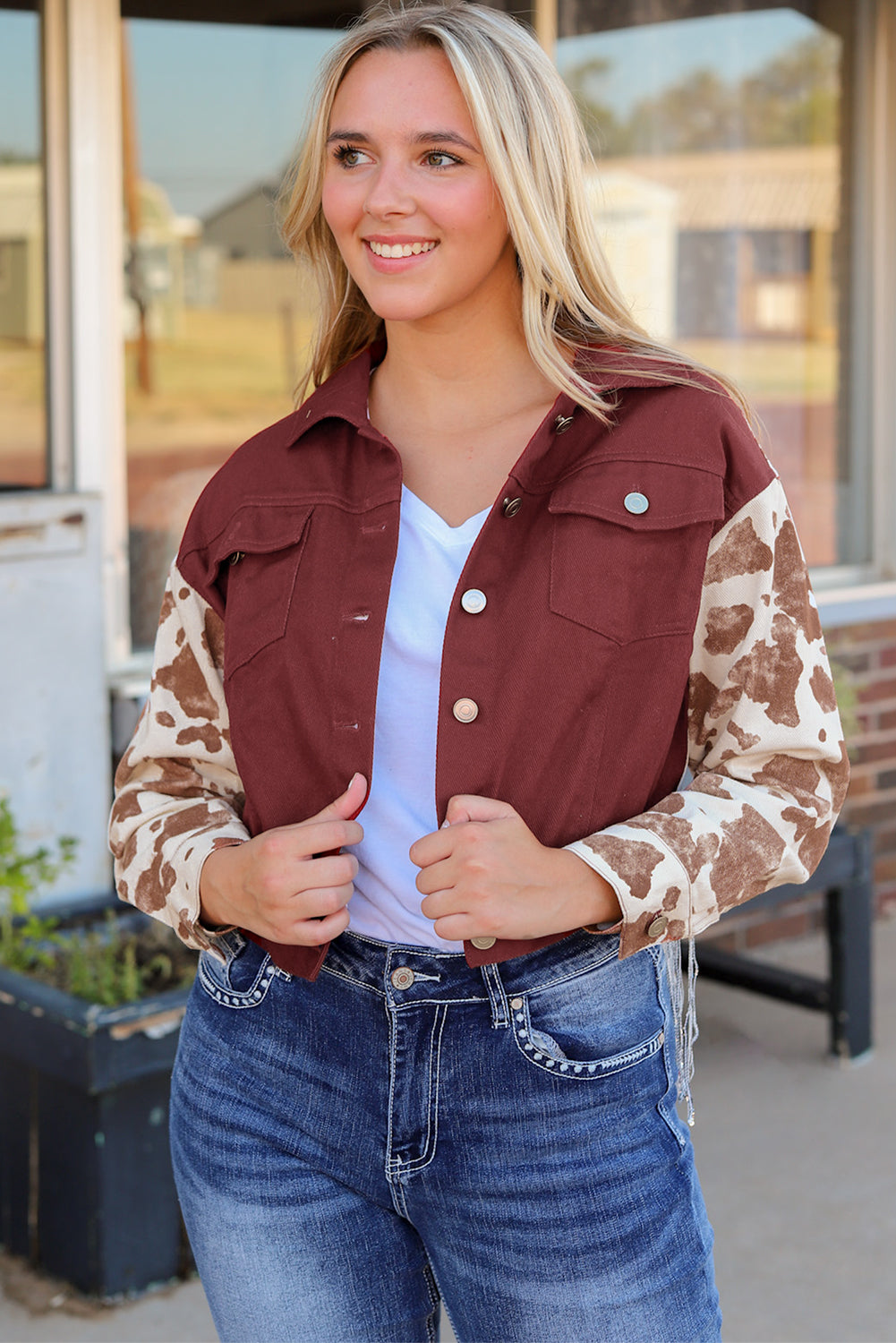 Abstract Print Sleeve Back Fringed Cropped Denim Jacket