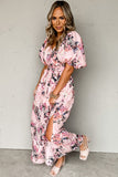 Robe longue rose à fleurs, manches bouffantes, taille haute