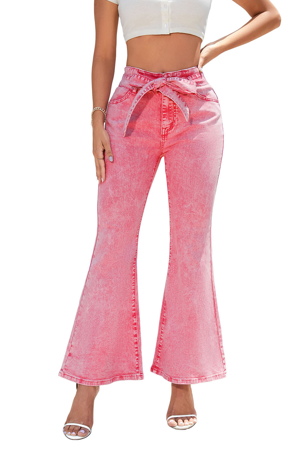 Flare Leg High Waist Front Knot Casual Jeans