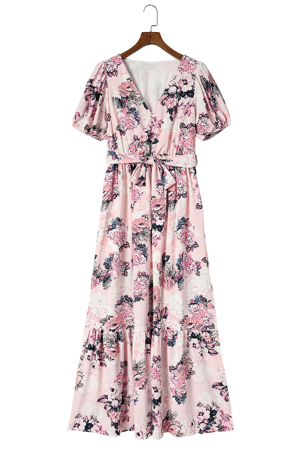 Robe longue rose à fleurs, manches bouffantes, taille haute