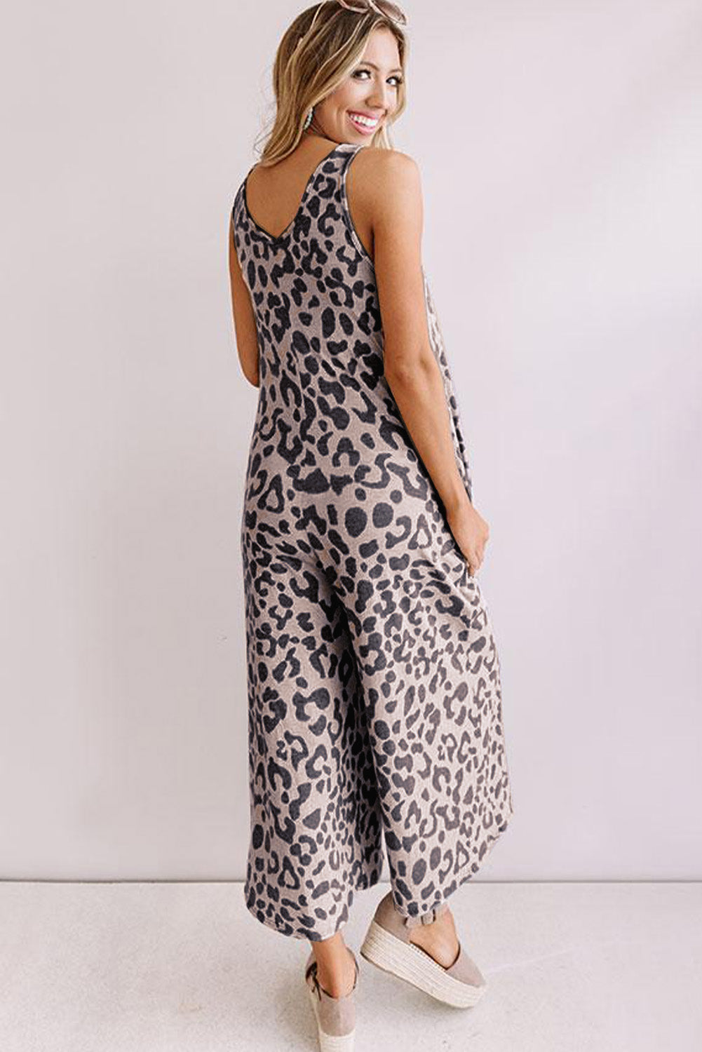 Print Pockets Wide Leg Sleeveless Jumpsuit