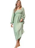 Green Smoked Flounce Sleeve Textured Empire Waist Maxi Dress