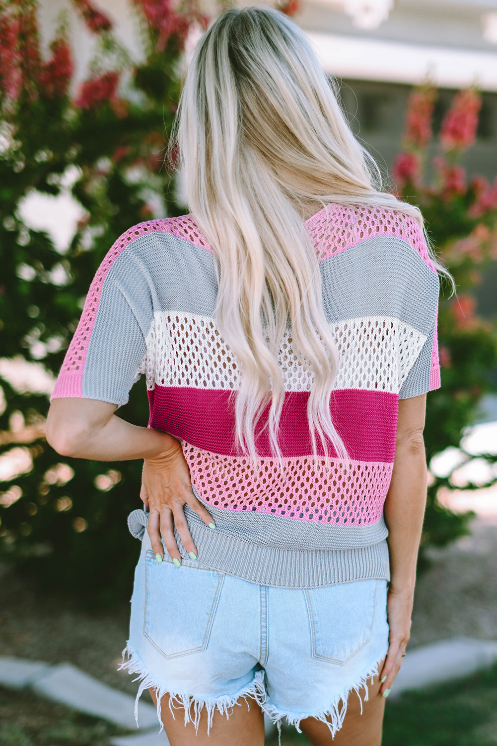 Knitted Eyelet Colorblock Striped Half Sleeves Top